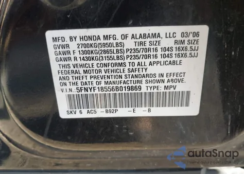 2006 Honda Pilot Ex-L из США, поврежденный, VIN 5FNYF18556B019869